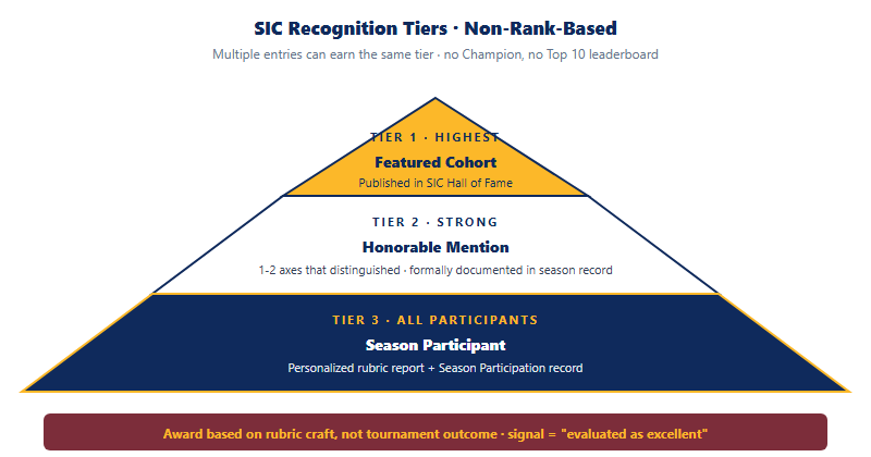 SIC recognition tiers pyramid: Featured Cohort highest, Honorable Mention middle, Season Participant base. Non-rank-based, multiple entries earn same tier