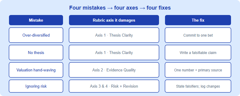 Reference chart mapping each of the four common SIC mistakes to the rubric axis it damages and the concrete fix