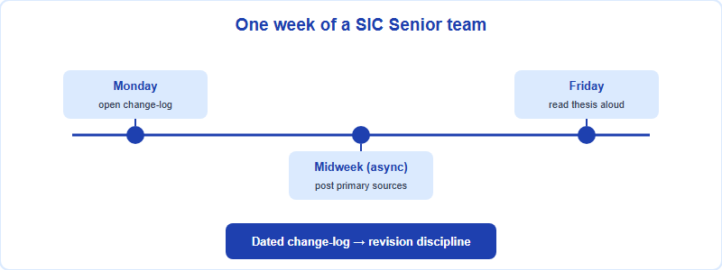 A weekly SIC Senior team cadence shown as a timeline from Monday change-log open, midweek async source posting, to Friday thesis read-aloud, feeding a dated change-log