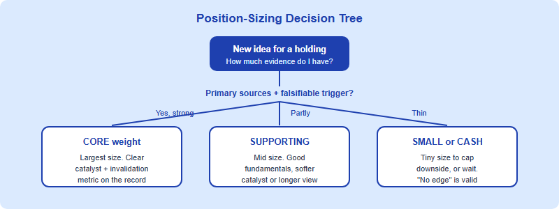 Decision tree for sizing one SIC position: if you have primary-source evidence and a falsifiable failure trigger, take a core weight; if evidence is solid but the catalyst is soft, take a supporting weight; if the idea is thin, take a small exploratory weight or hold cash.