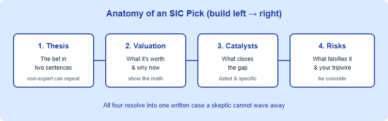Four-part structure of an SIC pick, left to right: Thesis, Valuation, Catalysts, Risks, each feeding into a clear written case