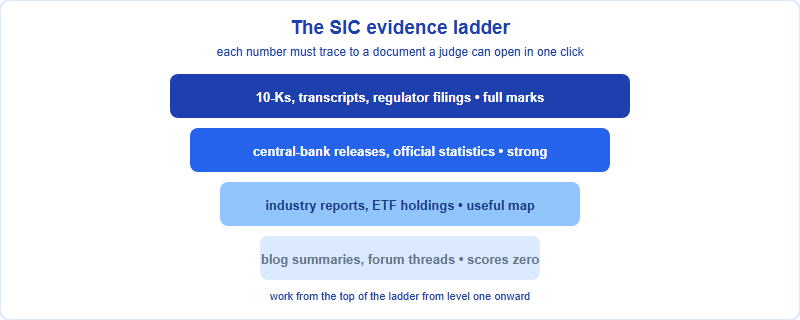 A source-quality ladder for SIC evidence, ranking primary filings and central-bank releases highest down to blog summaries and forum threads which score zero