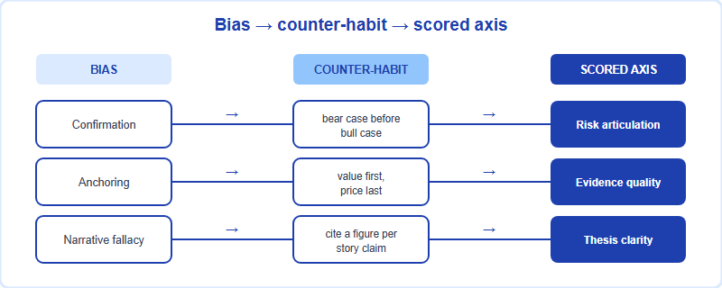 A pipeline showing how a bias is caught by a counter-habit and converted into a stronger rubric axis, with three worked examples