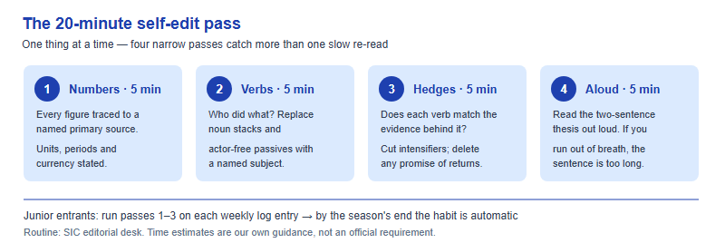 A twenty-minute four-pass self-edit routine: numbers, verbs, hedges and the read-aloud pass, with time allocated to each