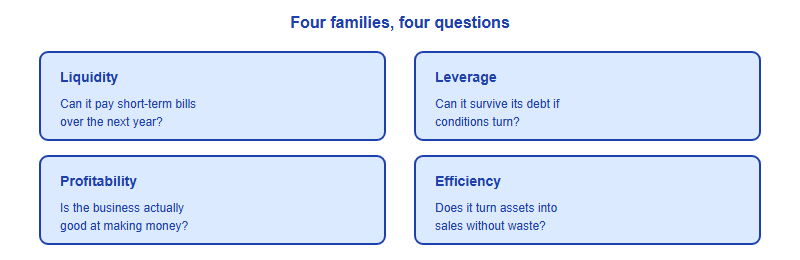 A two-by-two grid of the four ratio families and the question each answers: liquidity asks can it pay short-term bills, leverage asks can it survive its debt, profitability asks is the business good, efficiency asks does it use assets well