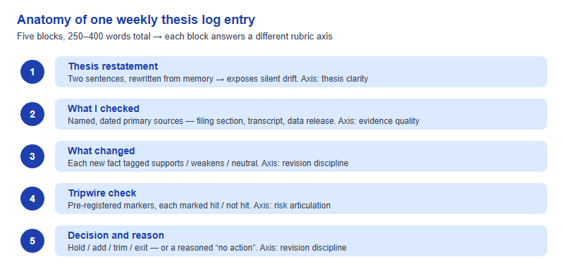 Five blocks of a weekly SIC thesis log entry: thesis restatement, what I checked, what changed, tripwire check, decision and reason, each mapped to a rubric axis