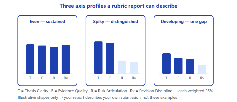 Three axis profiles across the four rubric axes: an even profile, a spiky profile with two strong axes, and a developing profile with revision as the weakest axis