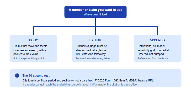 Decision diagram routing a claim into the report body, an exhibit, or the appendix, with a thirty-second source verification test