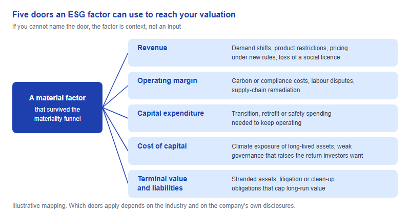Diagram showing a material ESG factor connected to five valuation doors: revenue, operating margin, capital expenditure, cost of capital, and terminal value and liabilities, each with examples of how environmental, social or governance factors act through it